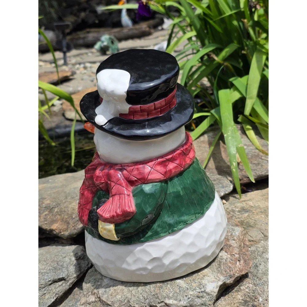 Fantasy Ltd Christmas Snowman Ceramic Cookie Jar Blue Bird Top‎ Hat Red Scarf
